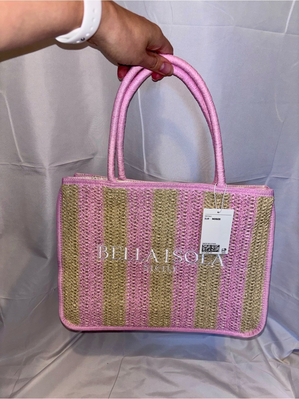 NEW H&M Pink & Natural Striped Straw Tote Bag